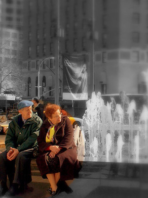 Elderly couple near fountain