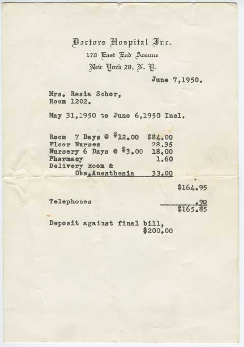 delivery bill from 1950 total $165.85