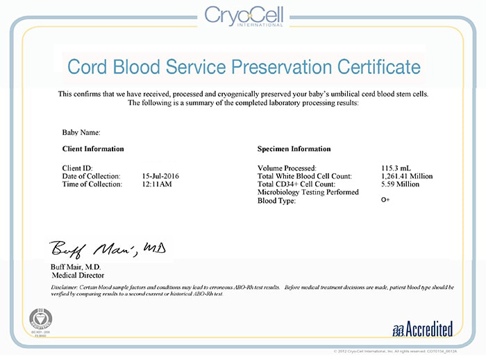 Cryo-Cell Example Cord Blood Certificate